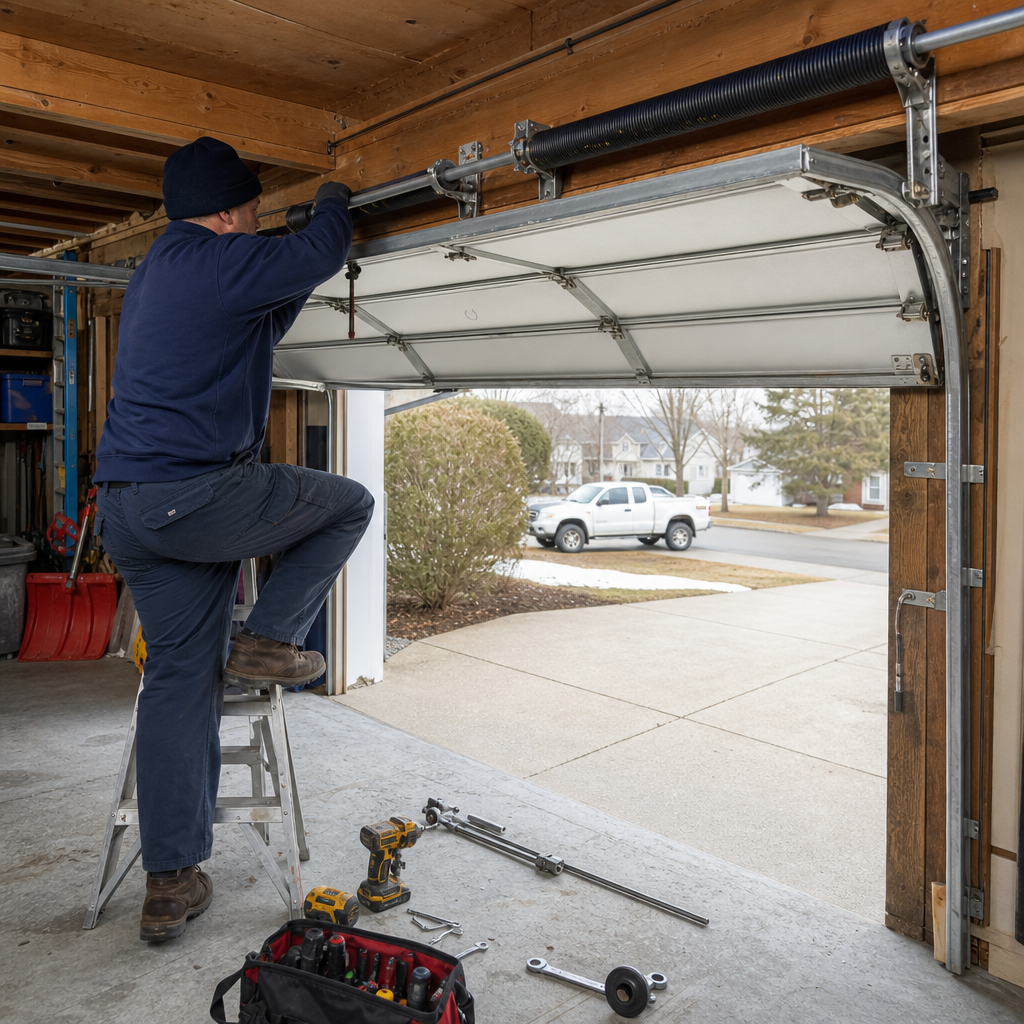 Technician performing emergency garage door spring repair on a ladder in Depew, NY