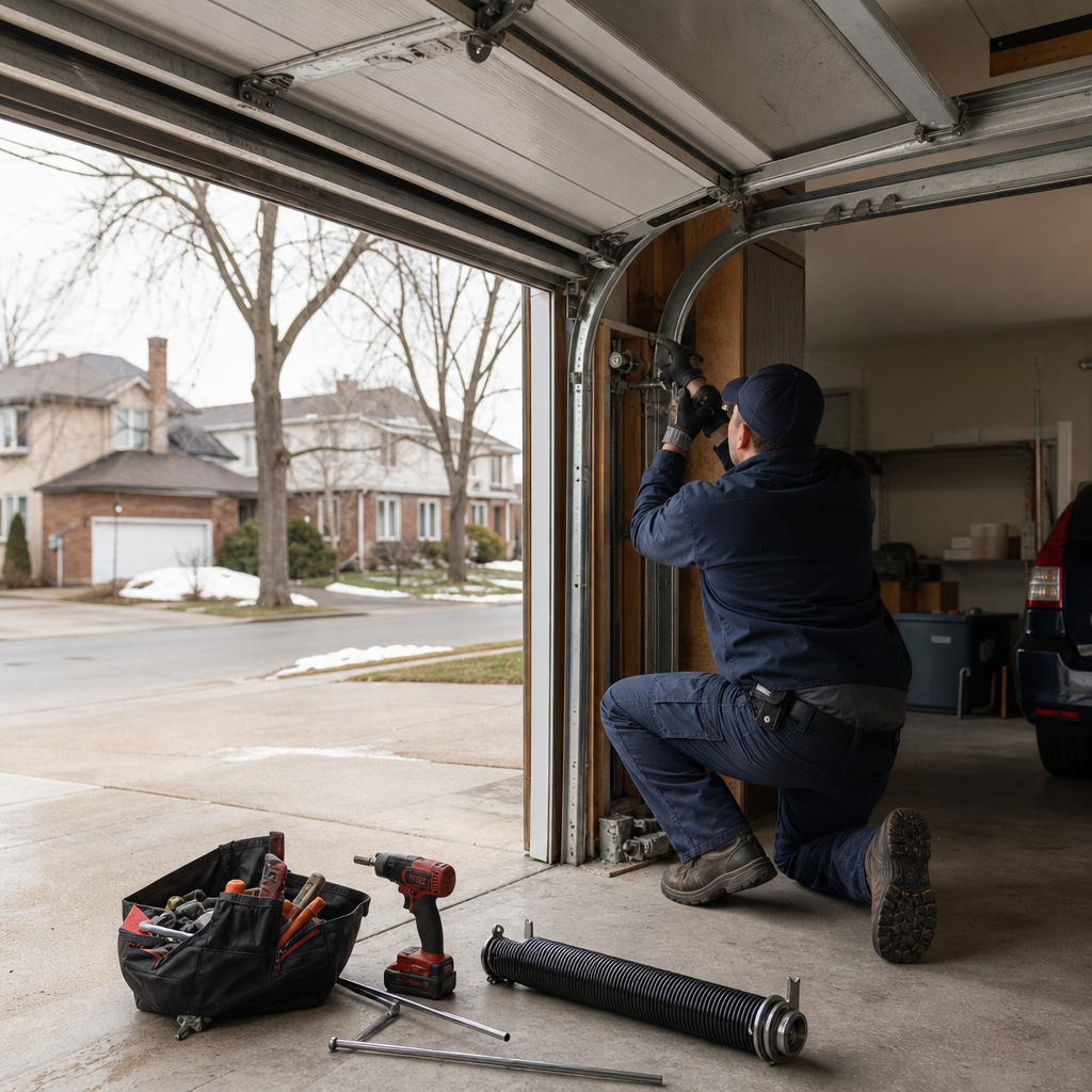 Technician performing an emergency garage door repair with tools on concrete in Depew, NY