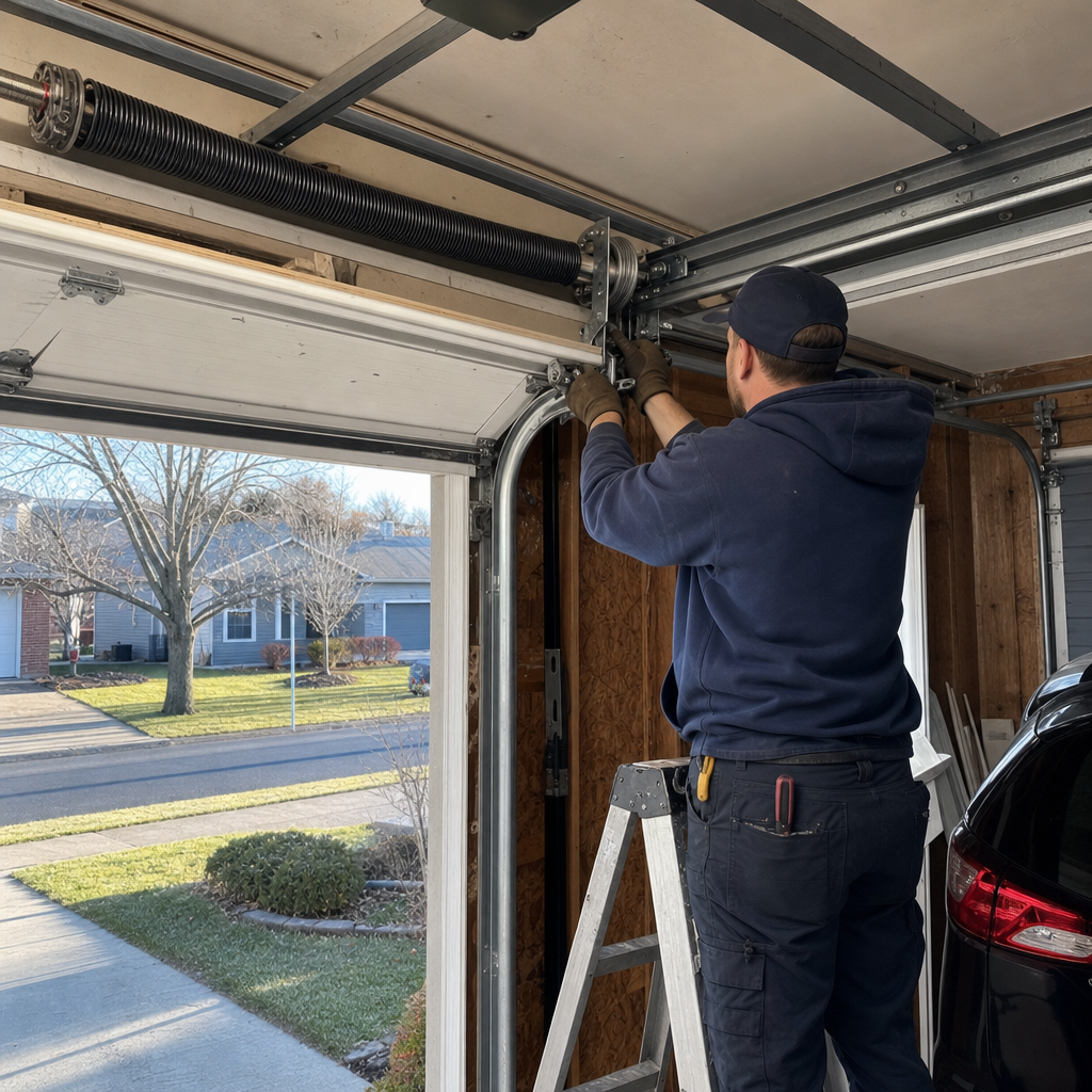 Technician performing emergency garage door spring repair in Boston, NY