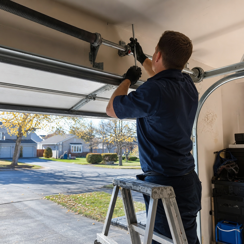 Technician performing professional garage door spring repair and maintenance in Buffalo, NY