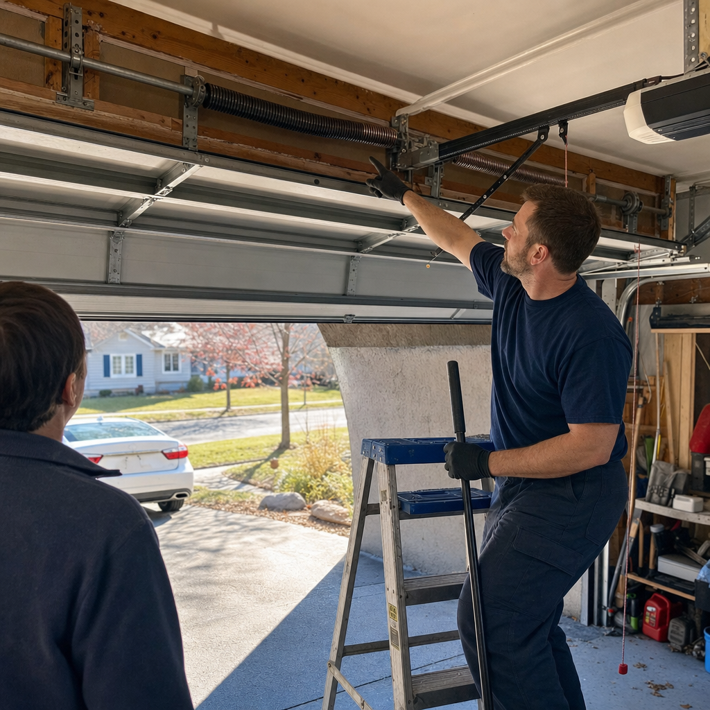 Technician pointing at garage door torsion springs for repair in Buffalo, NY