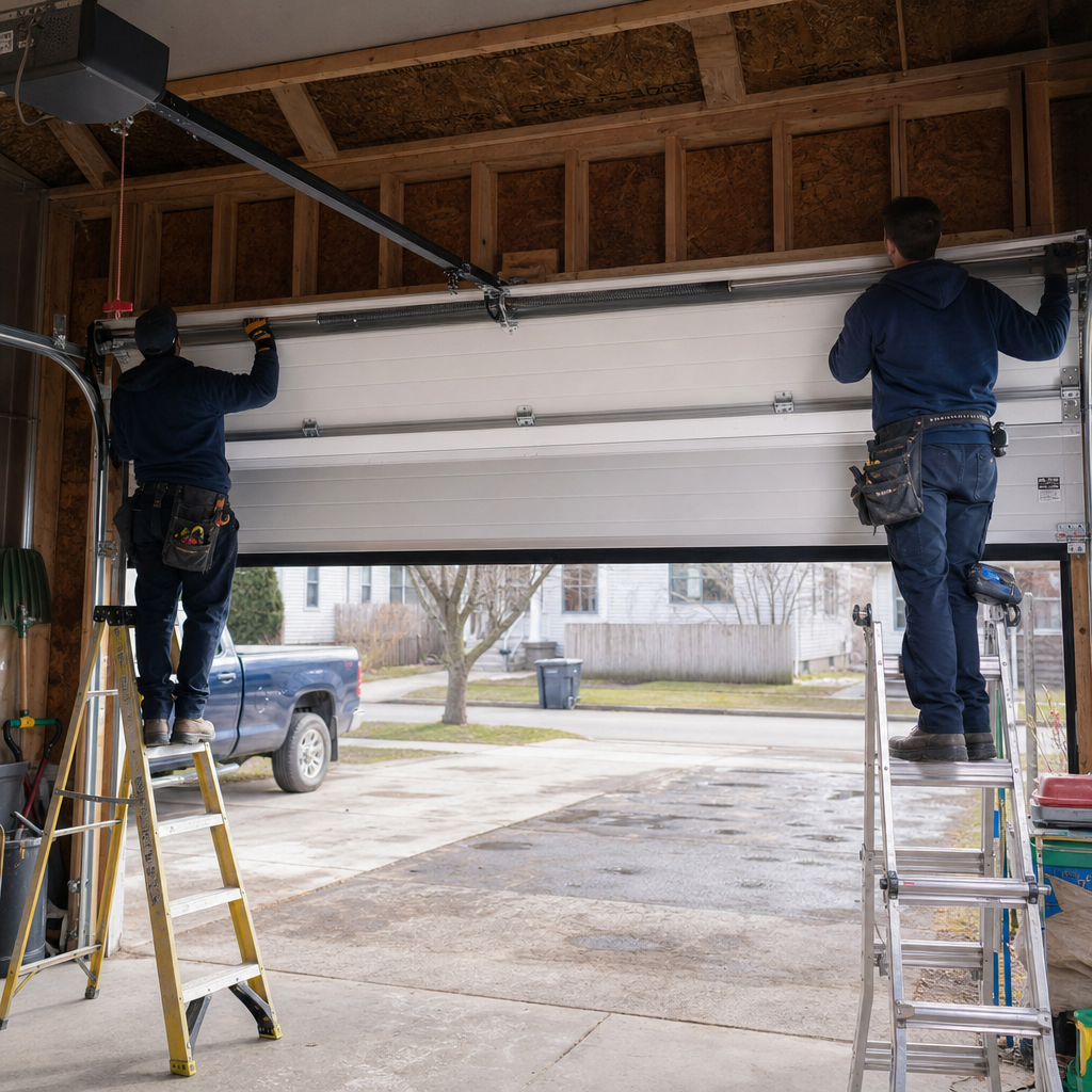 Two professional technicians installing a new residential garage door in Buffalo, NY