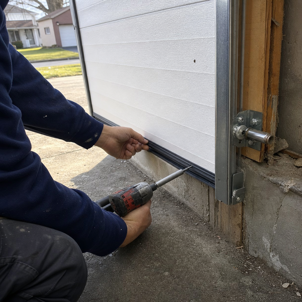 Technician installing garage door bottom weather seal with power drill in Buffalo, NY