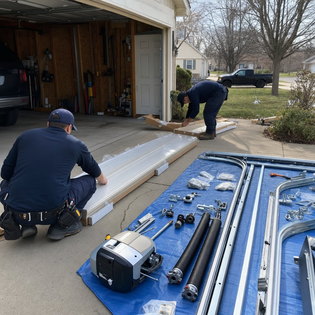 Two technicians preparing new garage door panels and hardware for professional installation in Amherst, NY