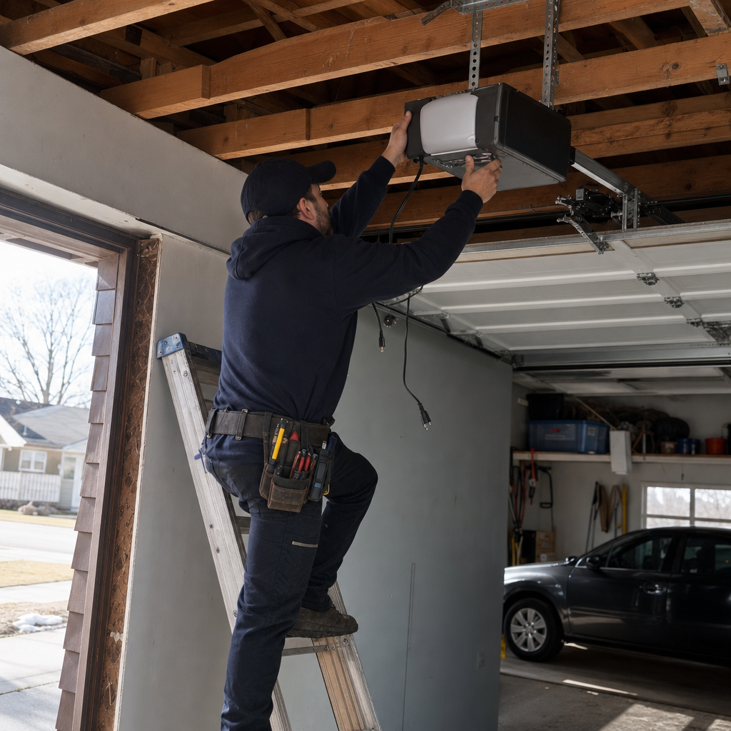 Technician installing a garage door opener system from a ladder in Buffalo, NY