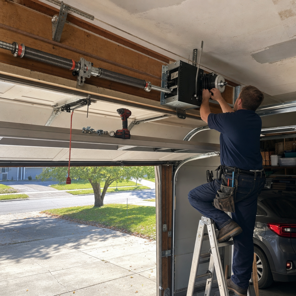 Technician installing or repairing a garage door opener motor system in Kenmore, NY
