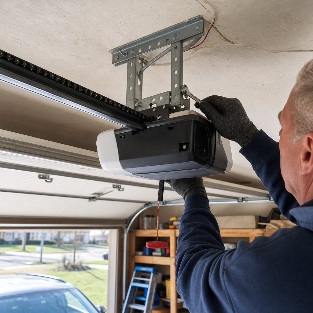 Technician using a wrench to repair a garage door opener. in Kenmore, NY