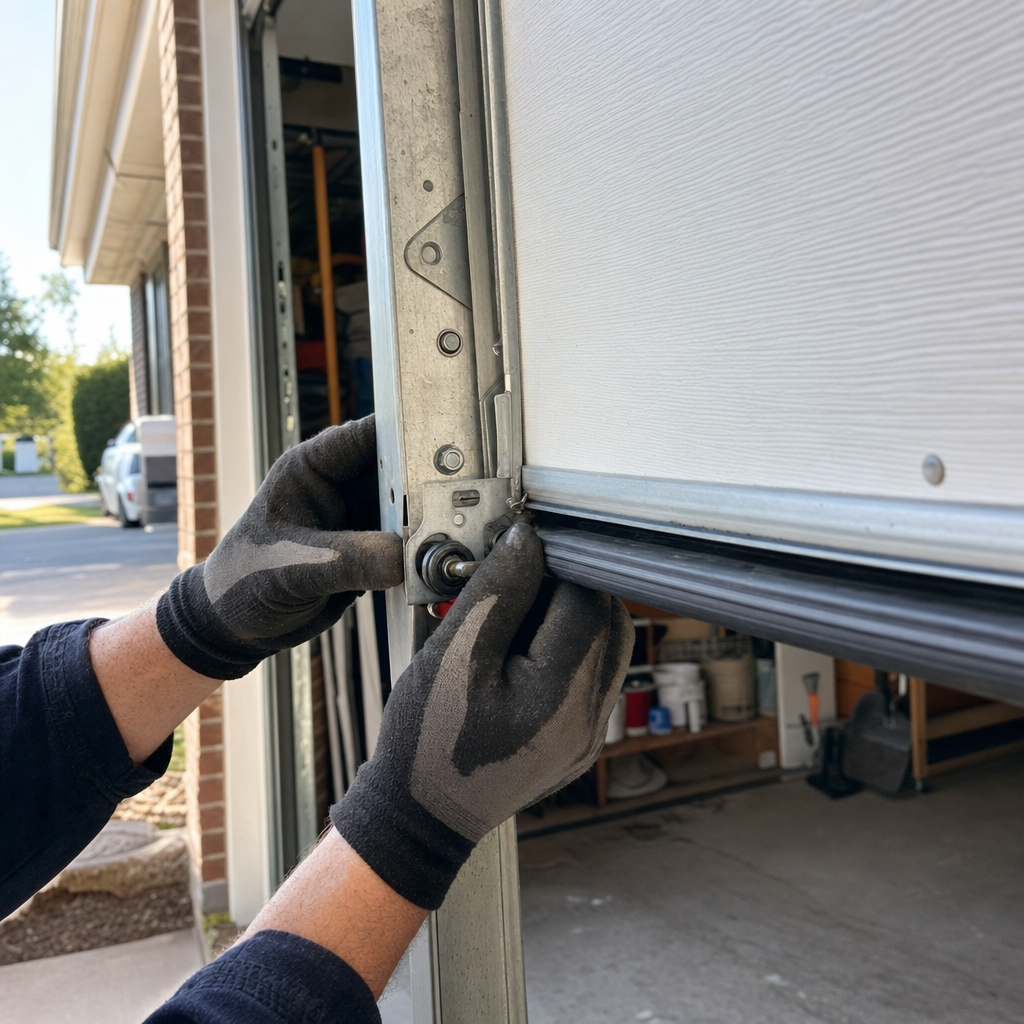 Technician performing garage door roller maintenance and hardware repair in Lockport, NY
