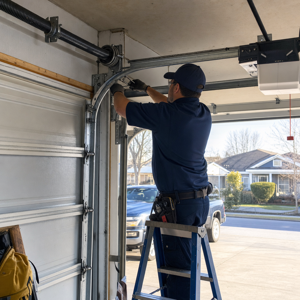Professional garage door technician performing maintenance on a residential door system in Lockport, NY