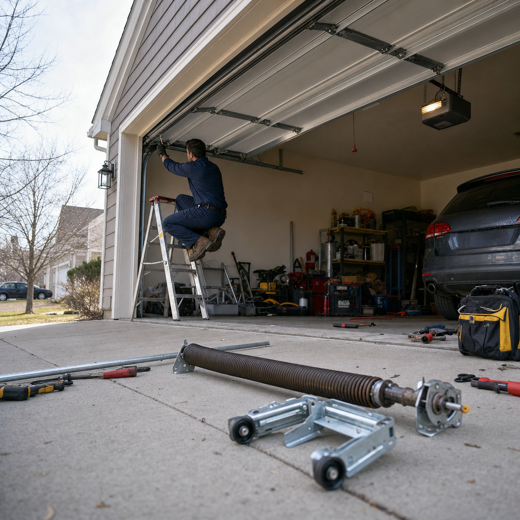 Technician performing professional garage door repair and parts maintenance in Lockport, NY