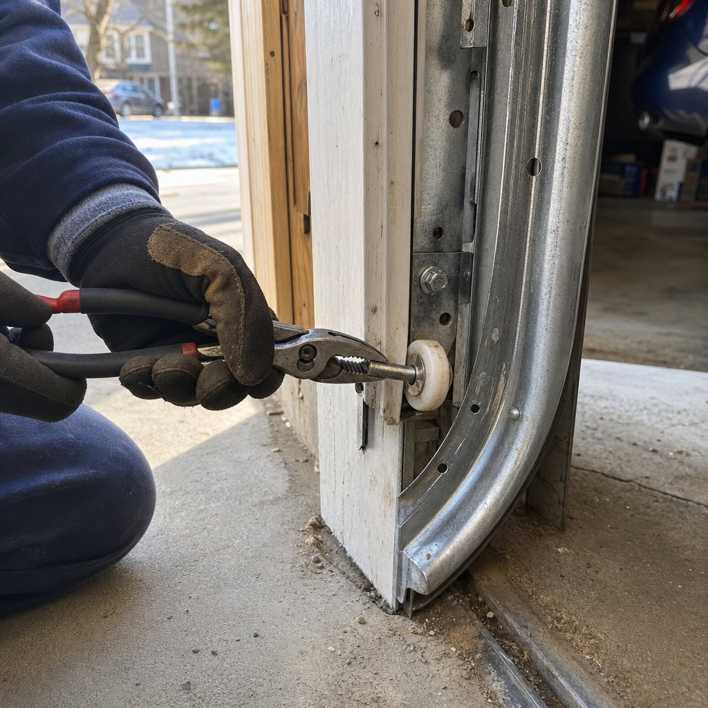 Technician using pliers to perform professional garage door roller repair in Tonawanda, NY