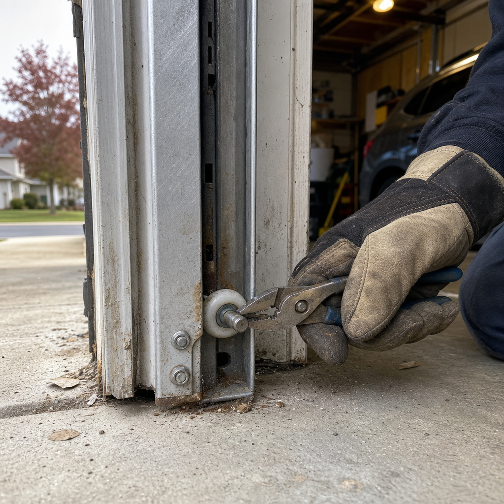 Technician performing garage door roller repair and maintenance