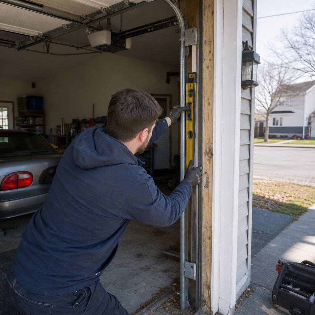 Technician checking garage door track alignment with a level in West Seneca, NY